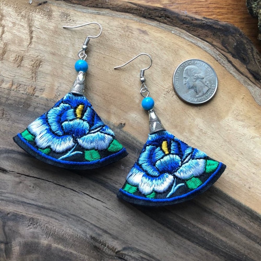 Beautiful Blue Flower Embroiderer Earrings